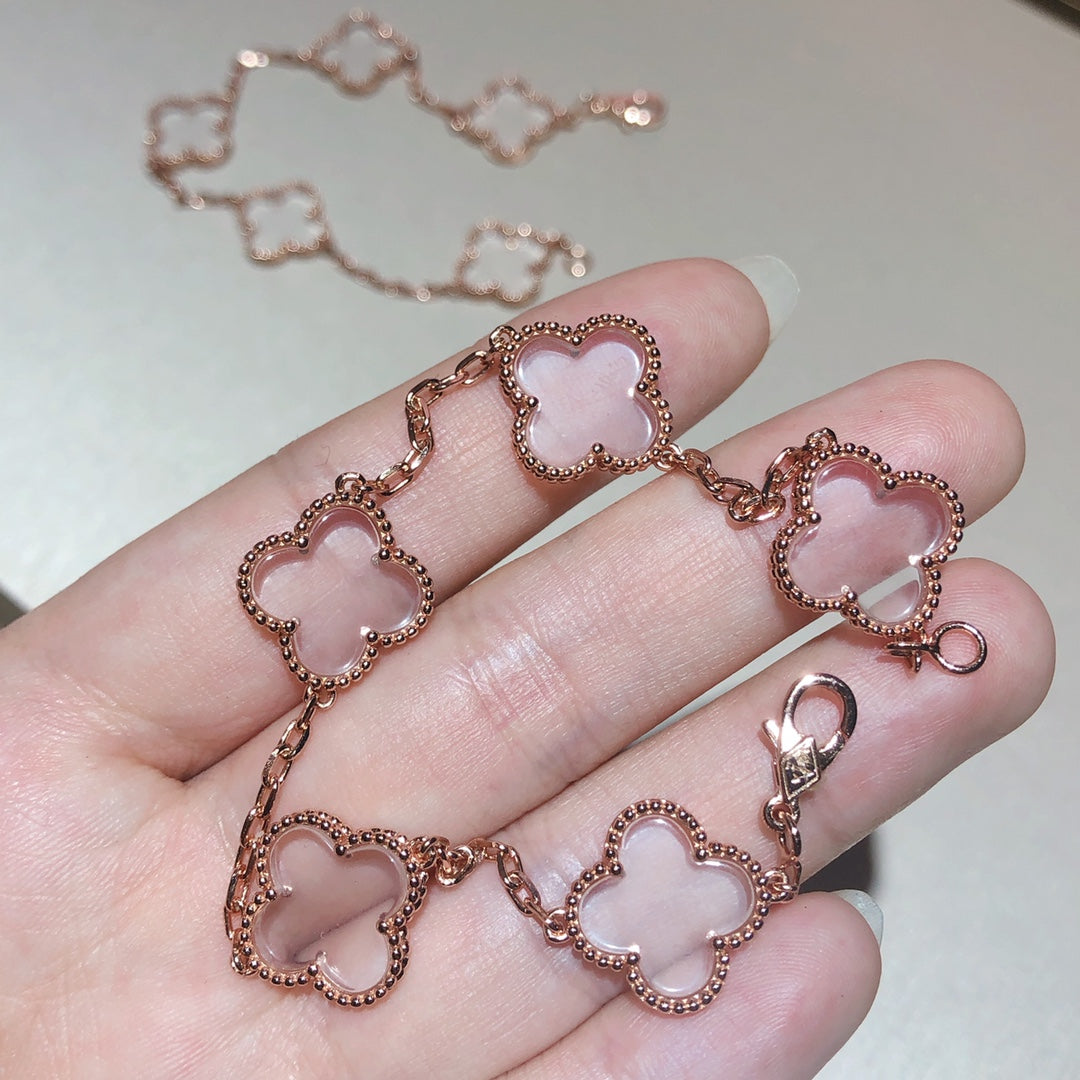 [Luna Brilliance]CLOVER 5 MOTIF ROCK CRYSTAL PINK GOLD BRACELET