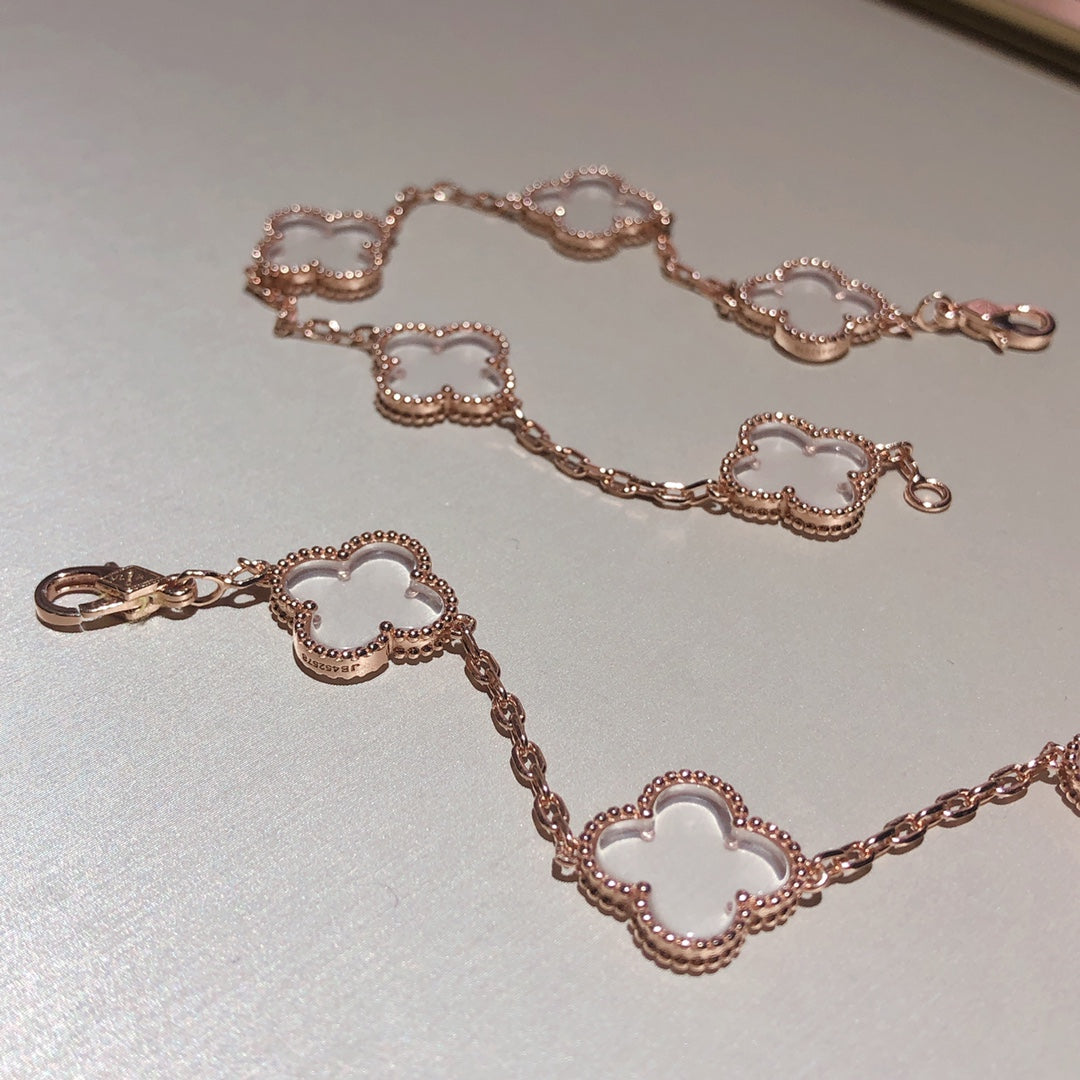 [Luna Brilliance]CLOVER 5 MOTIF ROCK CRYSTAL PINK GOLD BRACELET