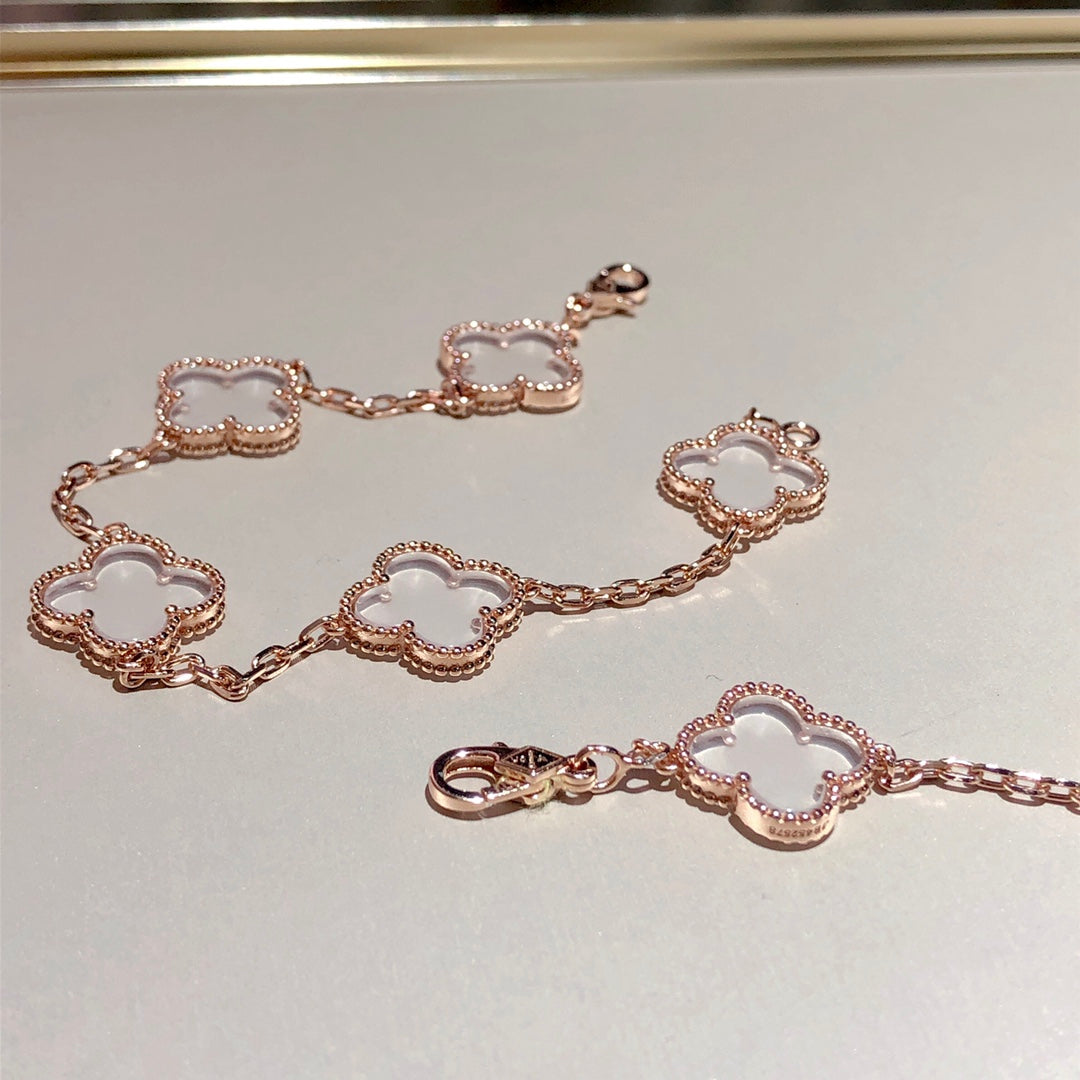 [Luna Brilliance]CLOVER 5 MOTIF ROCK CRYSTAL PINK GOLD BRACELET