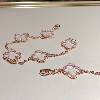 [Luna Brilliance]CLOVER 5 MOTIF ROCK CRYSTAL PINK GOLD BRACELET