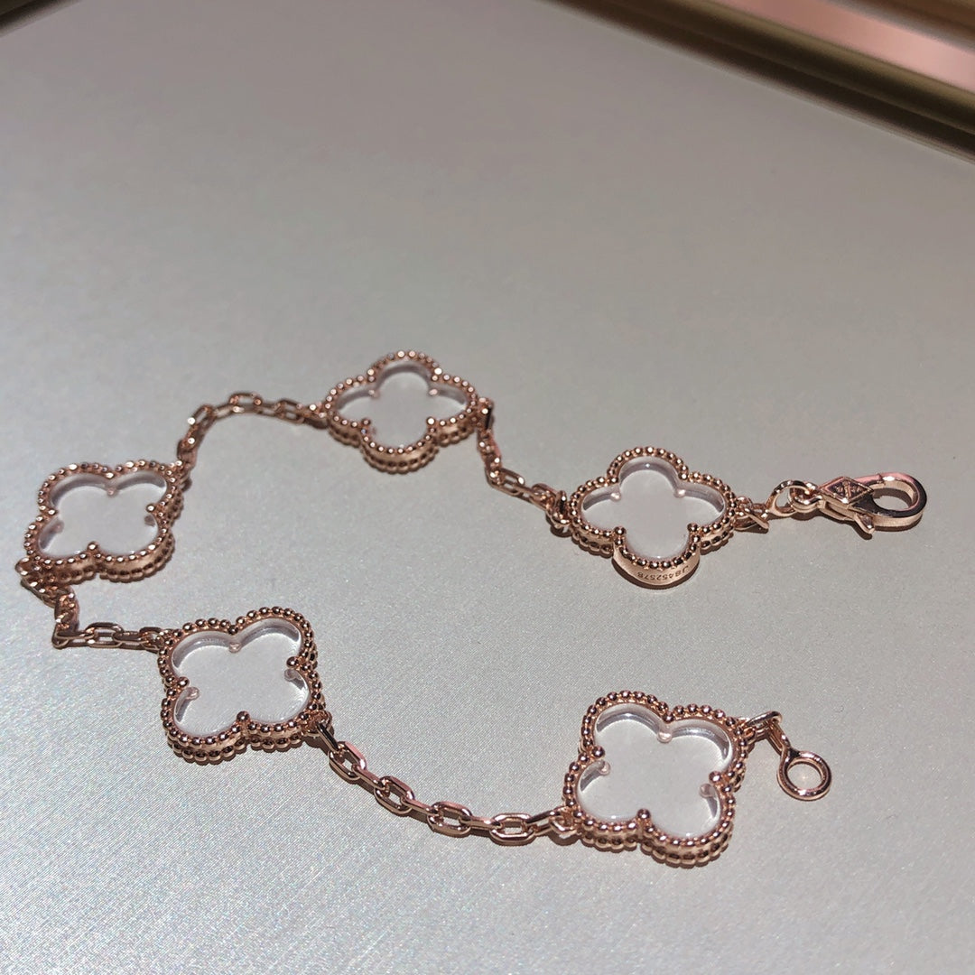 [Luna Brilliance]CLOVER 5 MOTIF ROCK CRYSTAL PINK GOLD BRACELET
