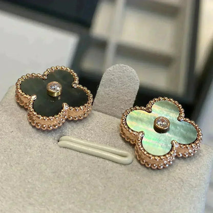 [Luna Brilliance]CLOVER MEDIUM 1 MOTIFS GRAY MOP  DIAMOND EARRINGS