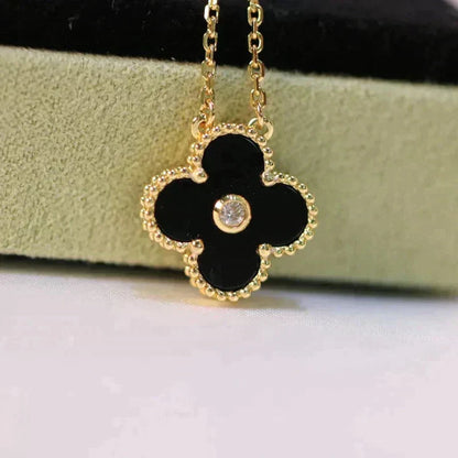 [Luna Brilliance]CLOVER 15MM DIAMOND ONYX NECKLACE