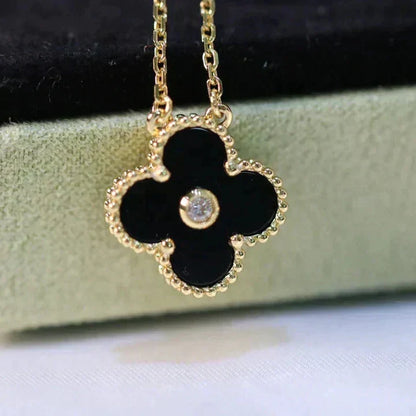[Luna Brilliance]CLOVER 15MM DIAMOND ONYX NECKLACE