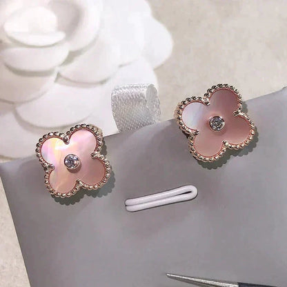 [Luna Brilliance]CLOVER MEDIUM 1 MOTIFS  PINK MOP DIAMOND EARRINGS