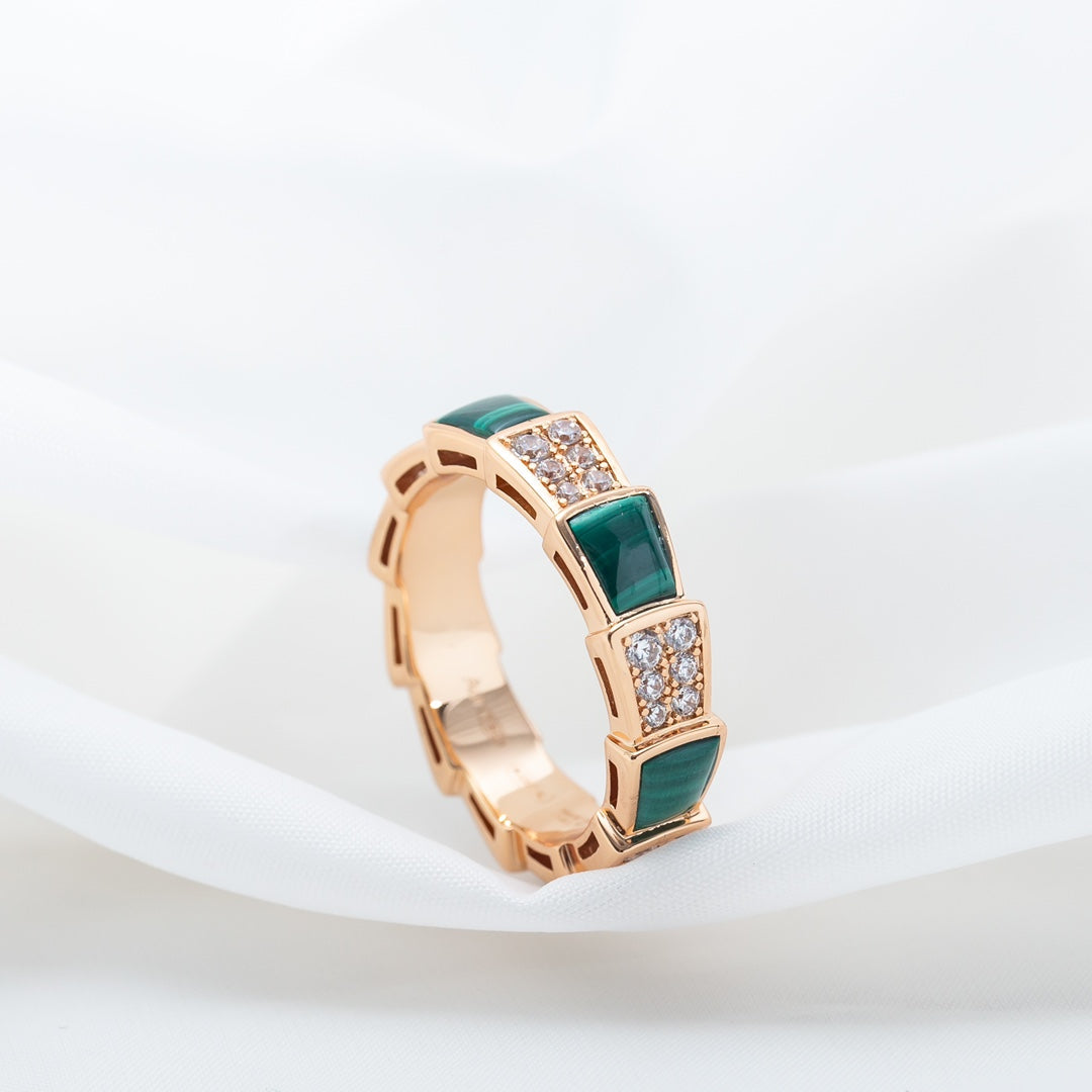[Luna Brilliance]SERPENTI RING PINK GOLD MALACHITE DIAMOND PAVED 4MM