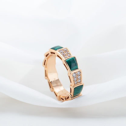 [Luna Brilliance]SERPENTI RING PINK GOLD MALACHITE DIAMOND PAVED 4MM