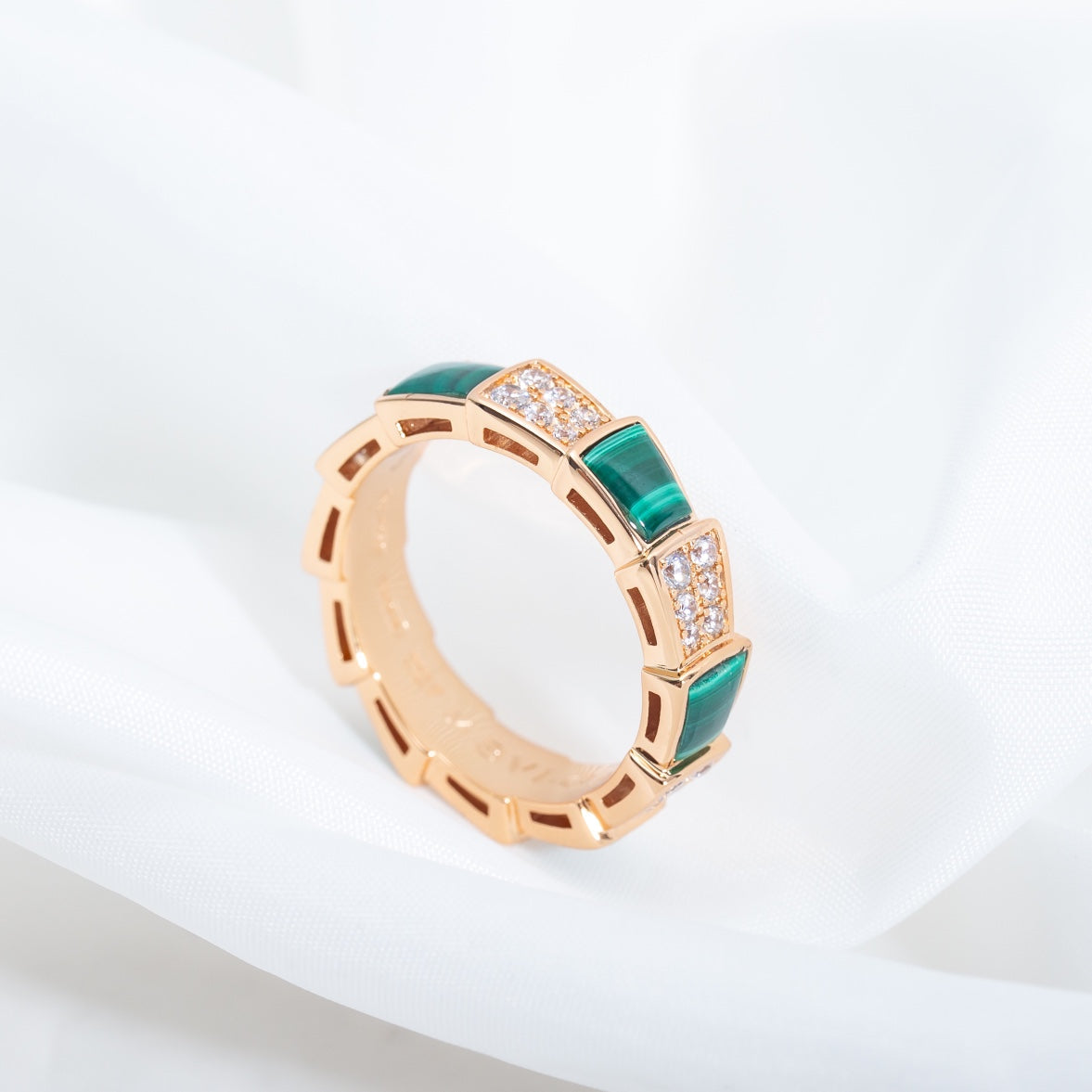 [Luna Brilliance]SERPENTI RING PINK GOLD MALACHITE DIAMOND PAVED 4MM