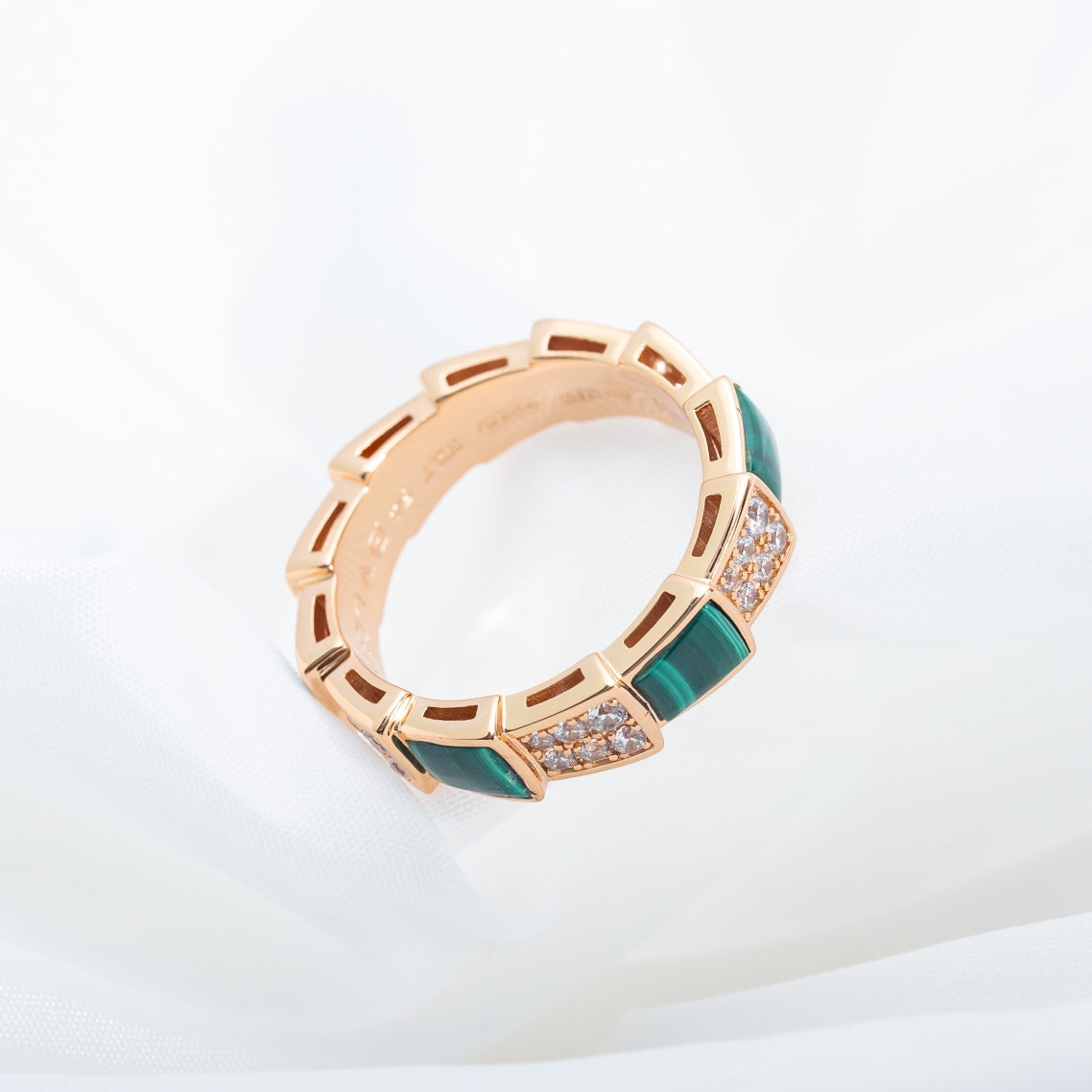 [Luna Brilliance]SERPENTI RING PINK GOLD MALACHITE DIAMOND PAVED 4MM