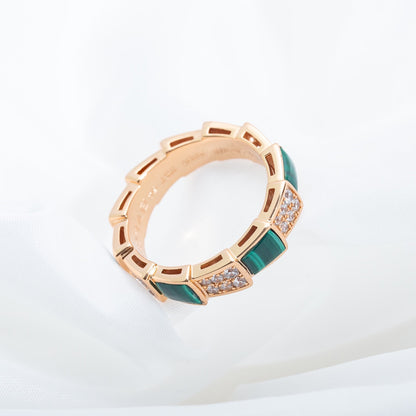 [Luna Brilliance]SERPENTI RING PINK GOLD MALACHITE DIAMOND PAVED 4MM