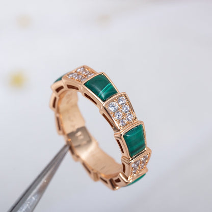 [Luna Brilliance]SERPENTI RING PINK GOLD MALACHITE DIAMOND PAVED 4MM