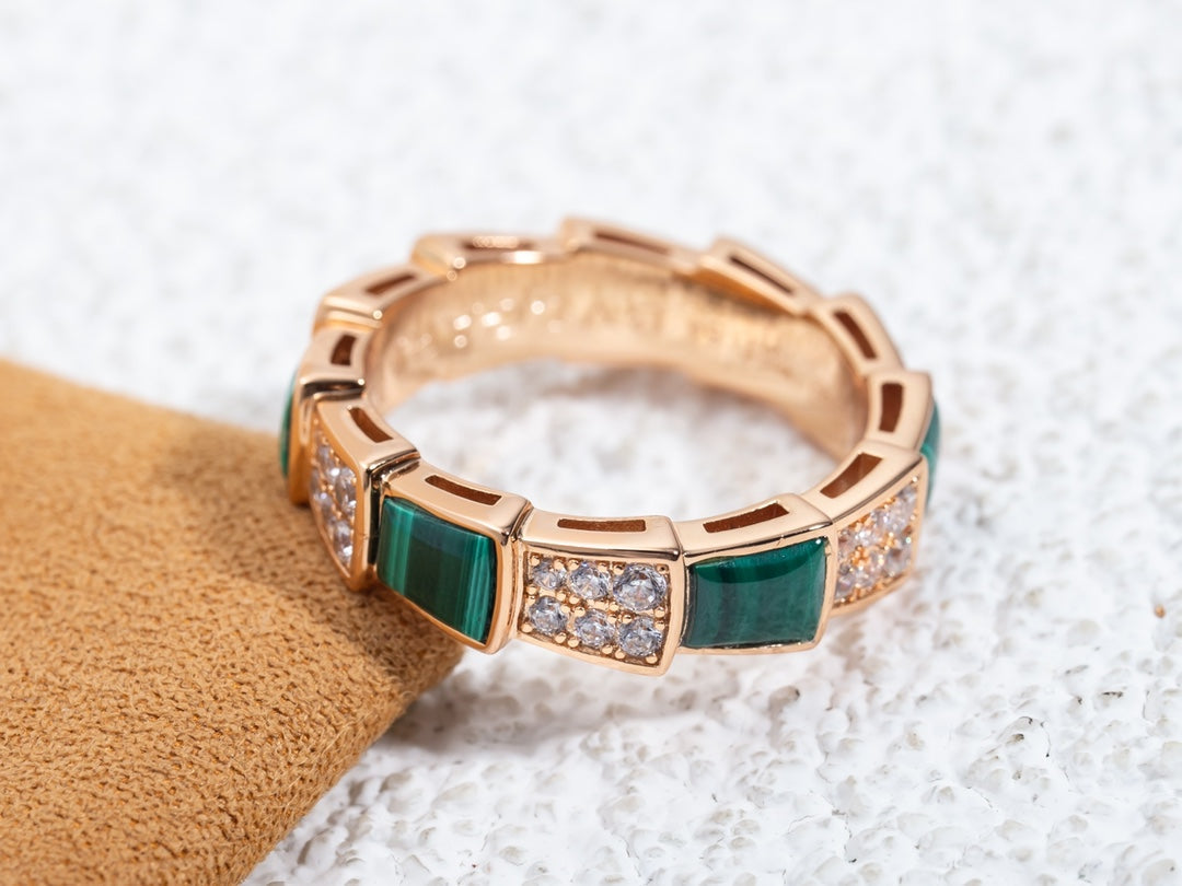 [Luna Brilliance]SERPENTI RING PINK GOLD MALACHITE DIAMOND PAVED 4MM