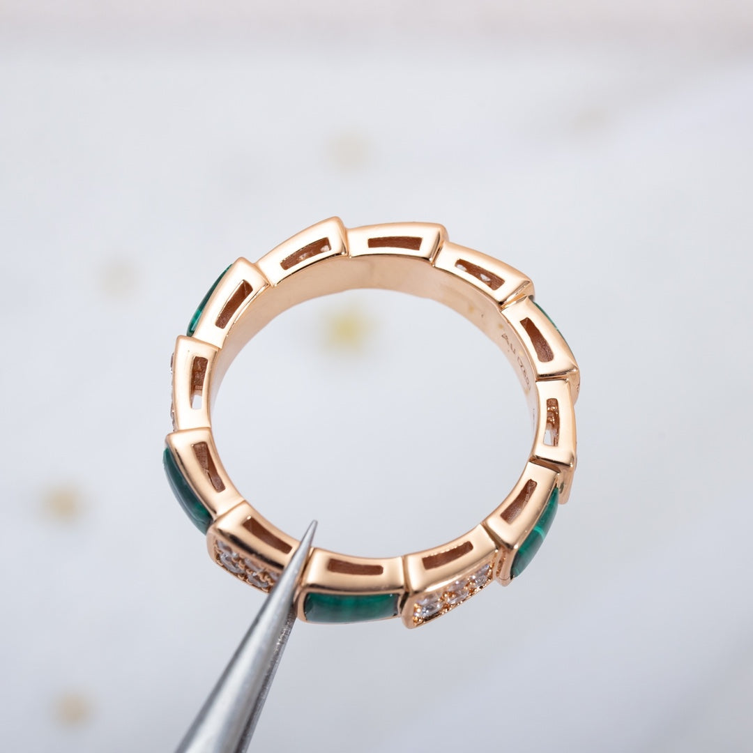 [Luna Brilliance]SERPENTI RING PINK GOLD MALACHITE DIAMOND PAVED 4MM