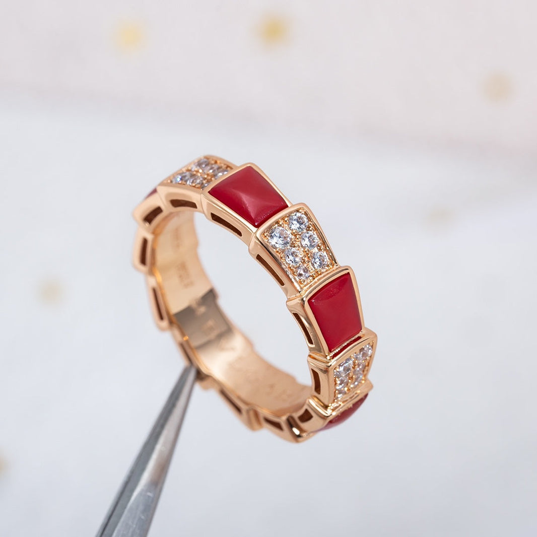 [Luna Brilliance]SERPENTI RING PINK GOLD CARNELIAN DIAMOND PAVED 4MM