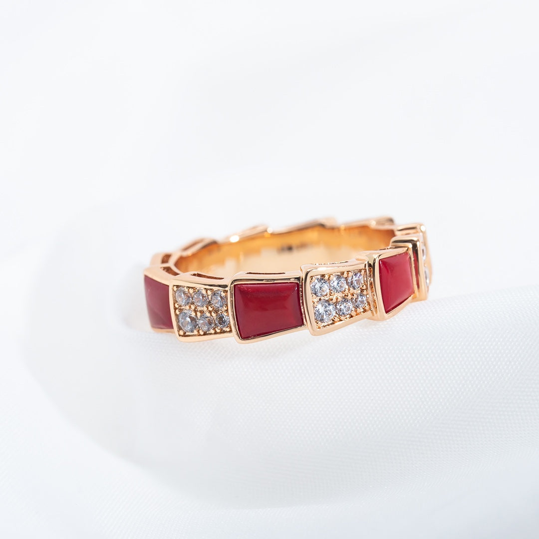 [Luna Brilliance]SERPENTI RING PINK GOLD CARNELIAN DIAMOND PAVED 4MM