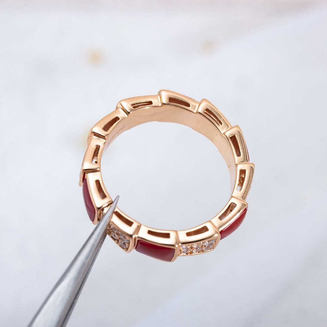 [Luna Brilliance]SERPENTI RING PINK GOLD CARNELIAN DIAMOND PAVED 4MM