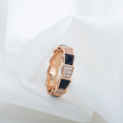 [Luna Brilliance]SERPENTI RING PINK GOLD BLACK MOP DIAMOND PAVED 4MM