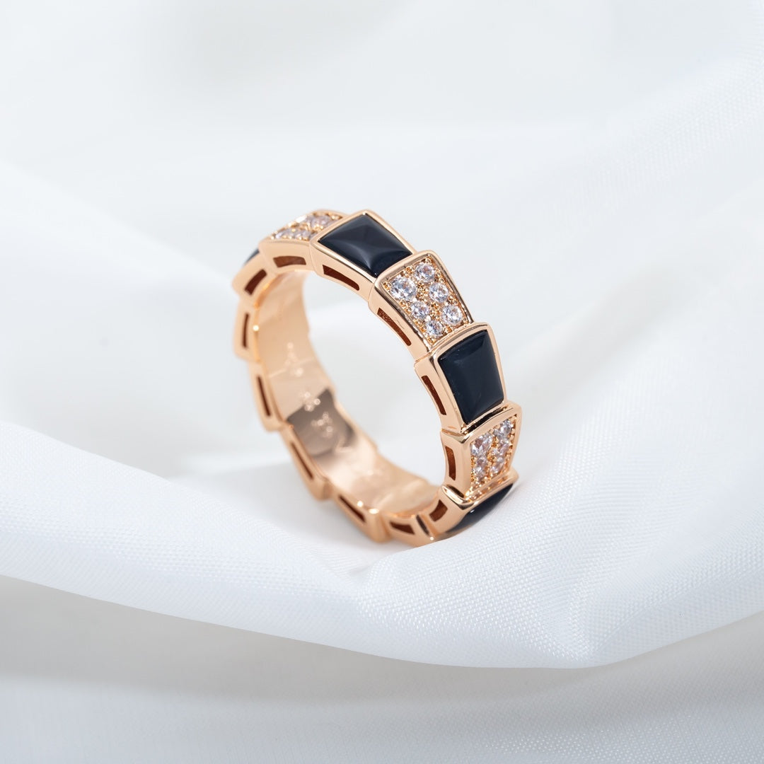 [Luna Brilliance]SERPENTI RING PINK GOLD BLACK MOP DIAMOND PAVED 4MM