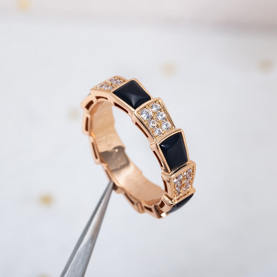 [Luna Brilliance]SERPENTI RING PINK GOLD BLACK MOP DIAMOND PAVED 4MM