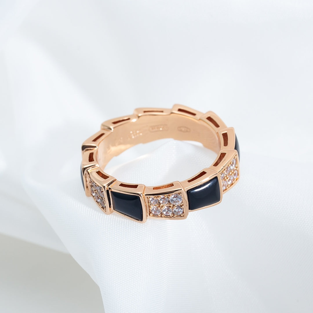 [Luna Brilliance]SERPENTI RING PINK GOLD BLACK MOP DIAMOND PAVED 4MM