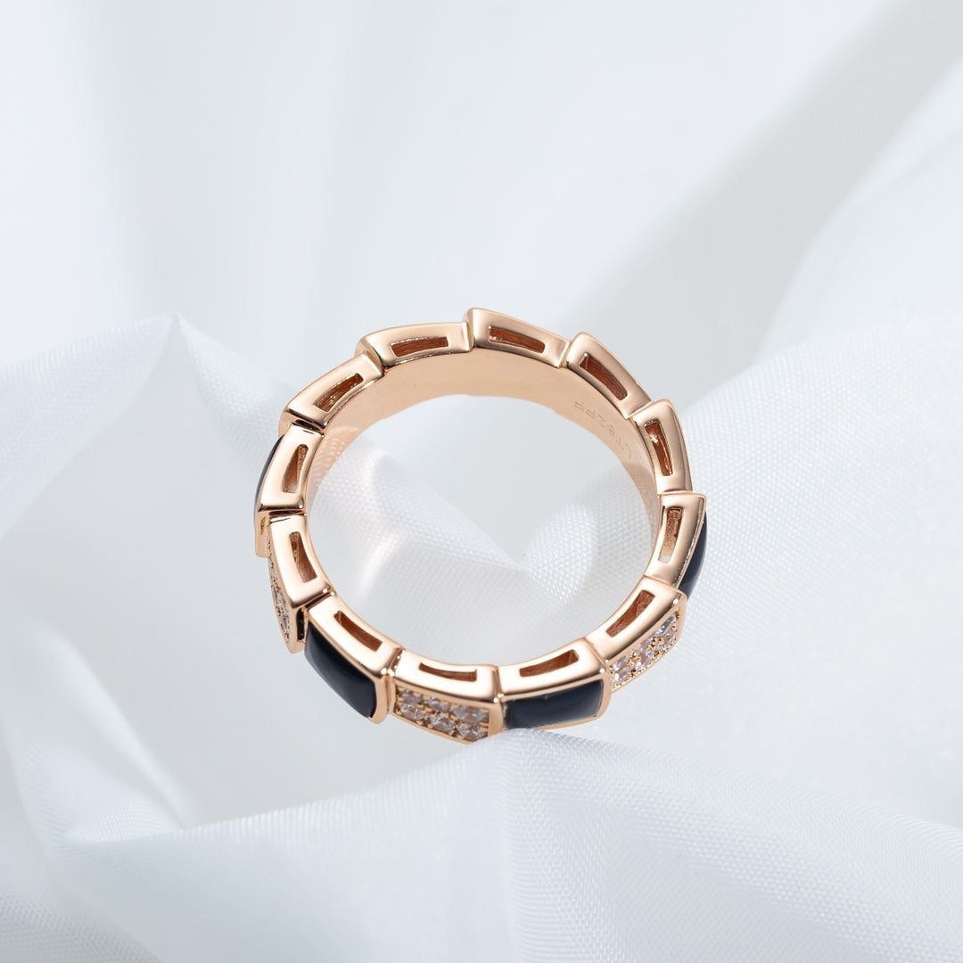 [Luna Brilliance]SERPENTI RING PINK GOLD BLACK MOP DIAMOND PAVED 4MM