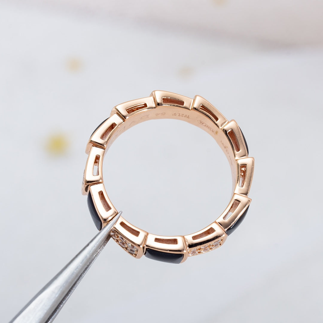 [Luna Brilliance]SERPENTI RING PINK GOLD BLACK MOP DIAMOND PAVED 4MM