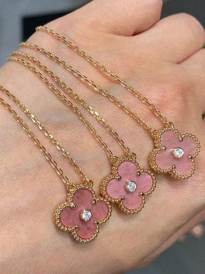 [Luna Brilliance]CLOVER 15MM DIAMOND RHODONITE NECKLACE