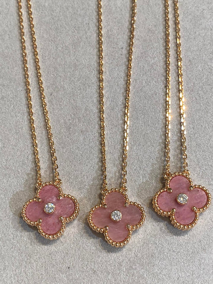 [Luna Brilliance]CLOVER 15MM DIAMOND RHODONITE NECKLACE