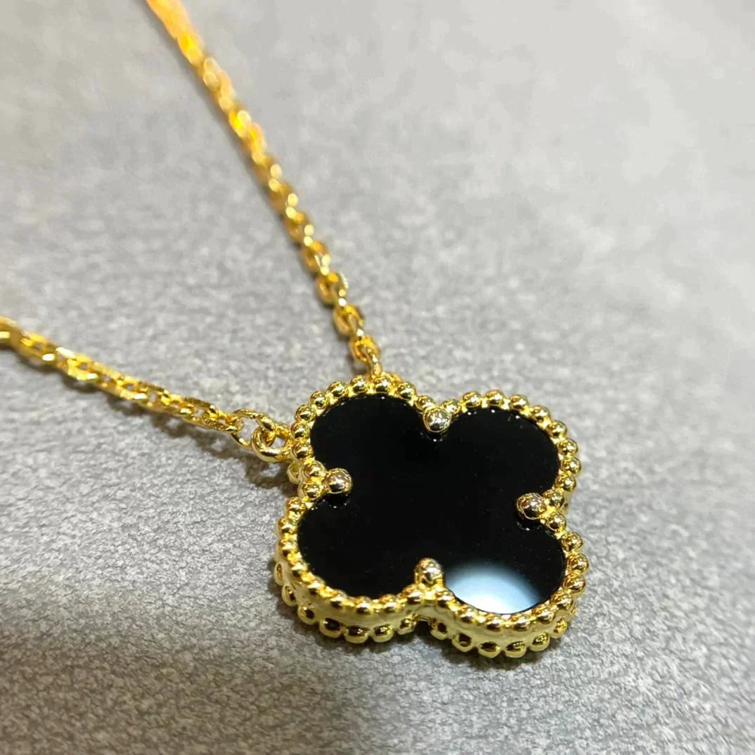 [Luna Brilliance]CLOVER 15MM BLACK ONYX SINGLE FLOWER NECKLACE
