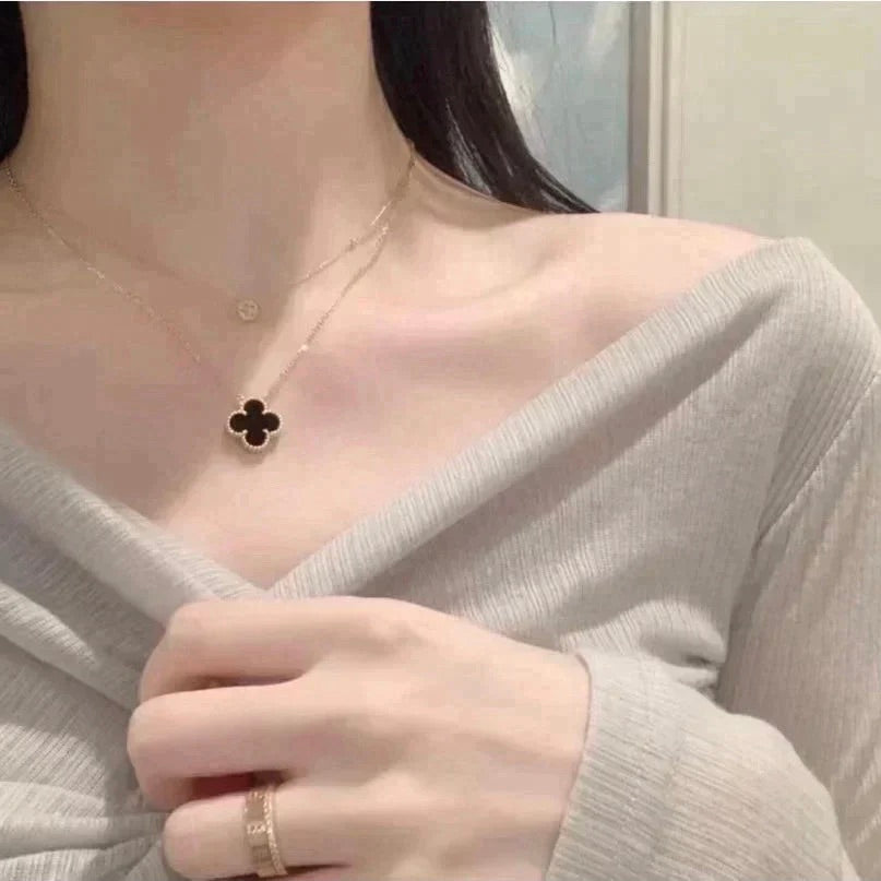 [Luna Brilliance]CLOVER 15MM BLACK ONYX SINGLE FLOWER NECKLACE