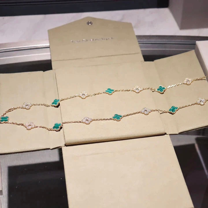 [Luna Brilliance]CLOVER 20 MOTIFS MALACHITE DIAMOND NECKLACE