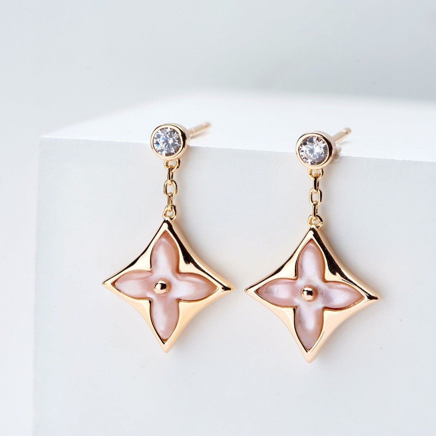 [Luna Brilliance]DOUBLE STAR PINK GOLD MOP DROP EARRINGS