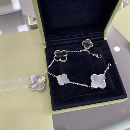 [Luna Brilliance]CLOVER 5 MOTIFS SIVLER DARK MOP BRACELET