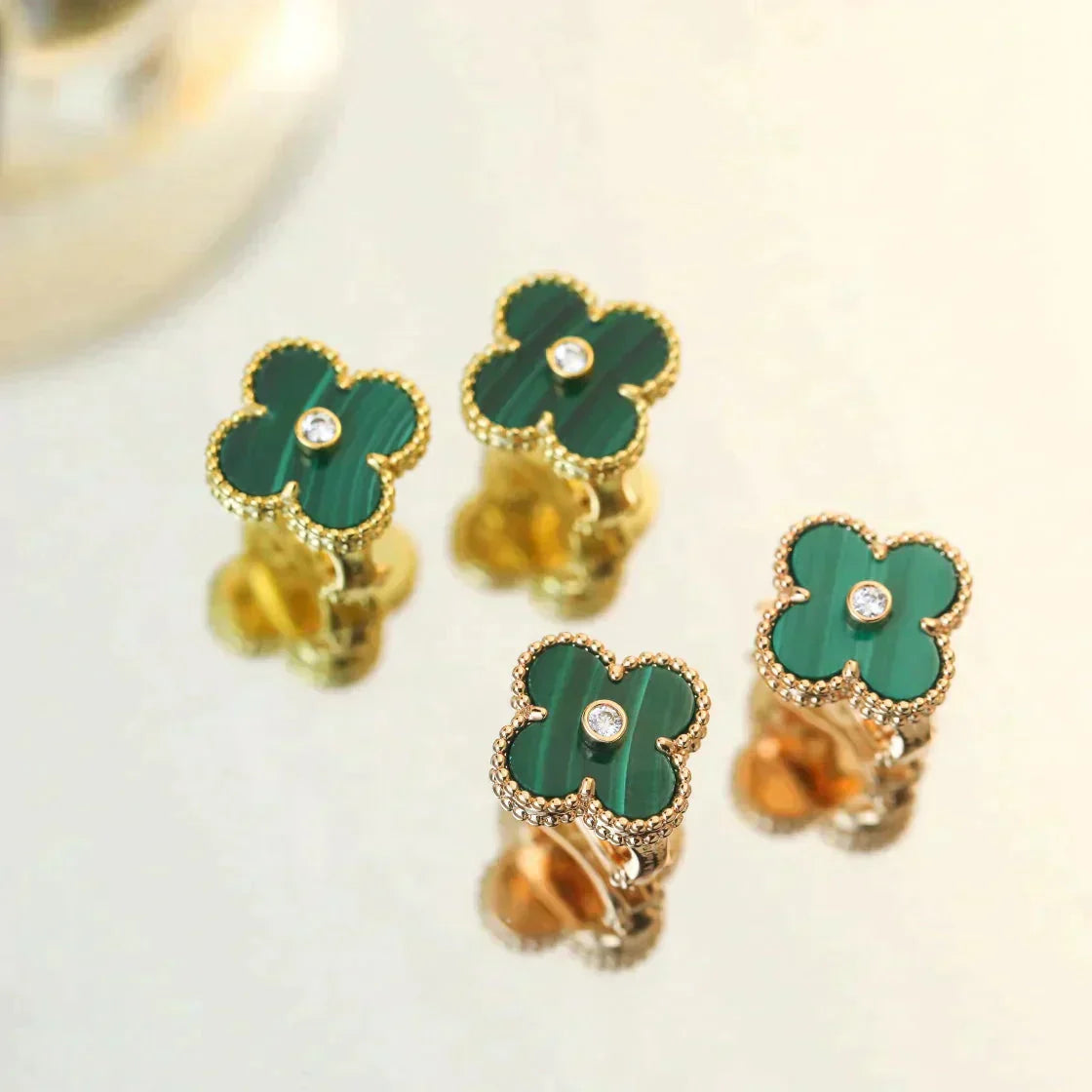[Luna Brilliance]CLOVER MEDIUM 1 MOTIFS MALACHITE DIAMOND EARRINGS