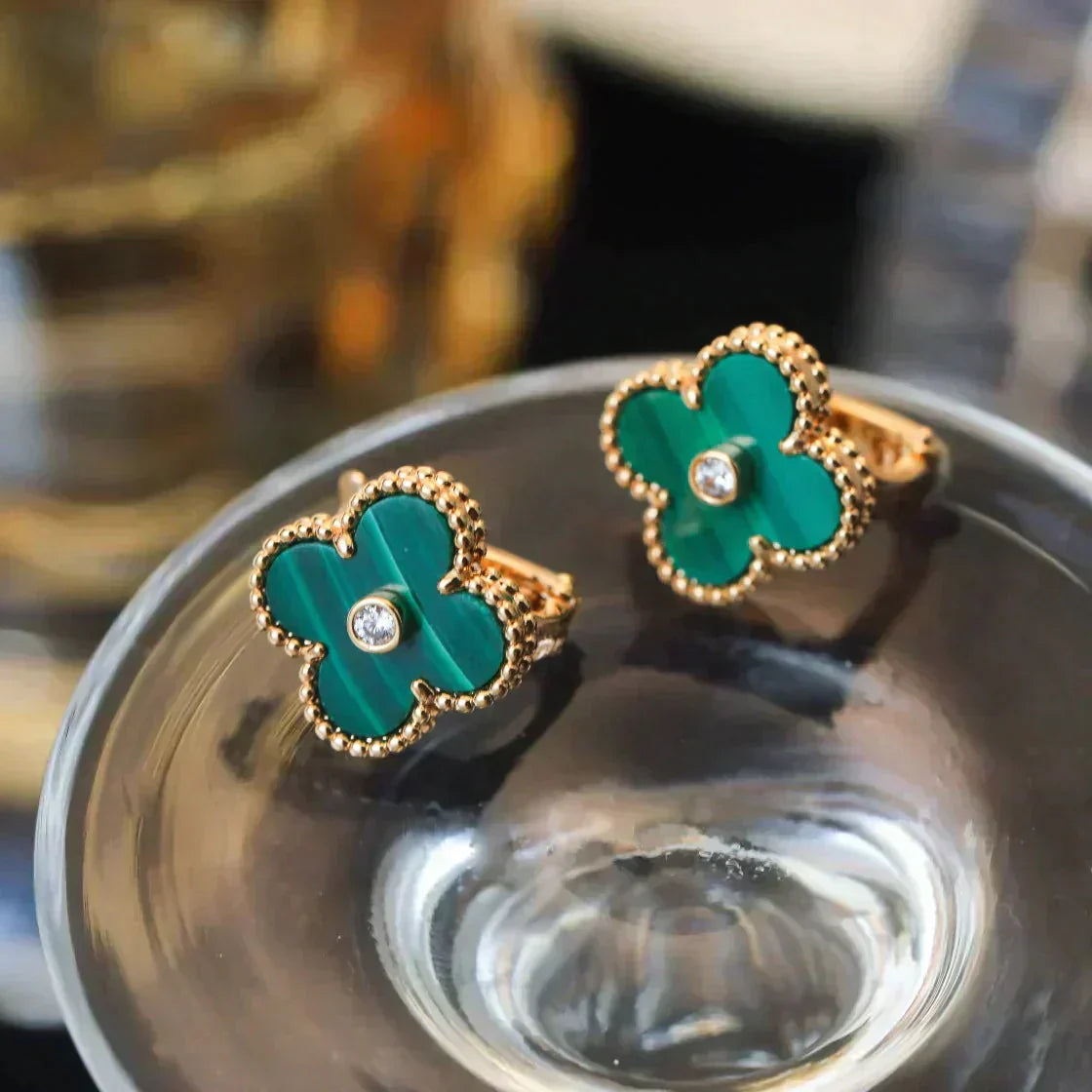 [Luna Brilliance]CLOVER MEDIUM 1 MOTIFS MALACHITE DIAMOND EARRINGS