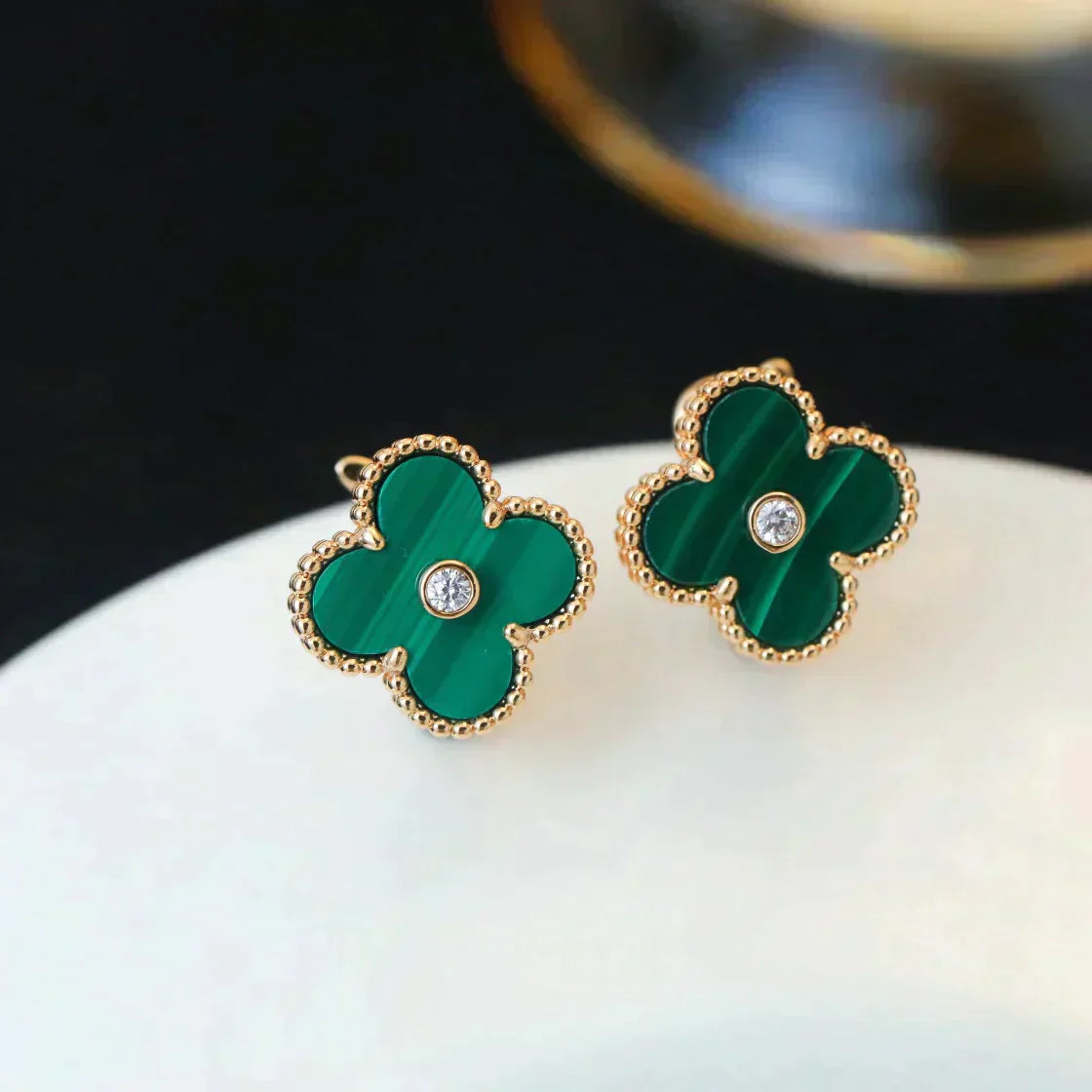 [Luna Brilliance]CLOVER MEDIUM 1 MOTIFS MALACHITE DIAMOND EARRINGS