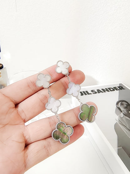 [Luna Brilliance]CLOVER 3 MOTIFS CHALCEDONY DARK MOP SILVER EARRINGS