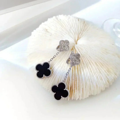 [Luna Brilliance]CLOVER 2 MOTIFS  DIAMOND ONYX EARRINGS SILVER