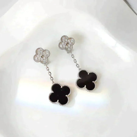 [Luna Brilliance]CLOVER 2 MOTIFS  DIAMOND ONYX EARRINGS SILVER