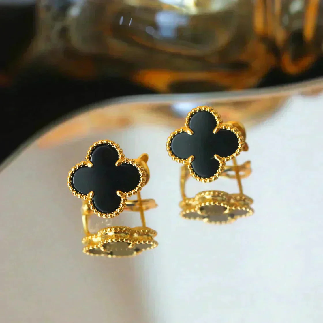 [Luna Brilliance]CLOVER MEDIUM 1 MOTIFS  ONYX STUD EARRINGS
