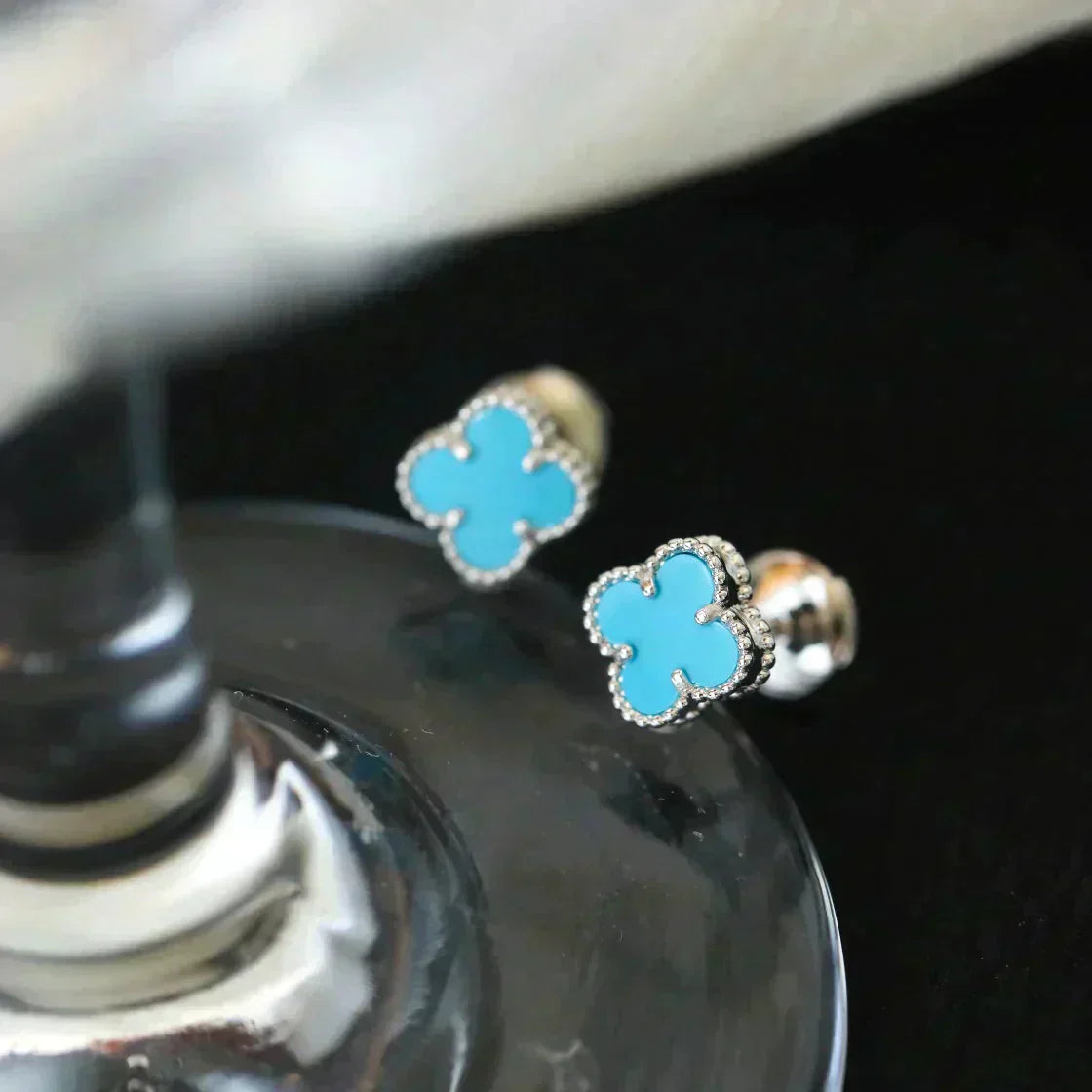 [Luna Brilliance]CLOVER MINI 9.5MM ONYX STUD EARRINGS SILVER
