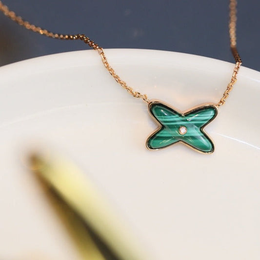 [Luna Brilliance]JEUX MALACHITE 1 DIAMOND PINK GOLD NECKLACE