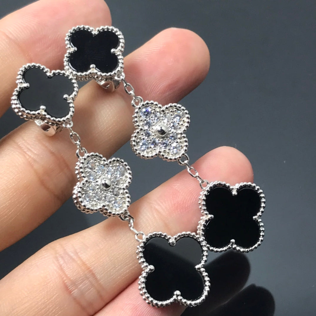 [Luna Brilliance]CLOVER 3 MOTIF DIAMOND ONYX SILVER EARRINGS