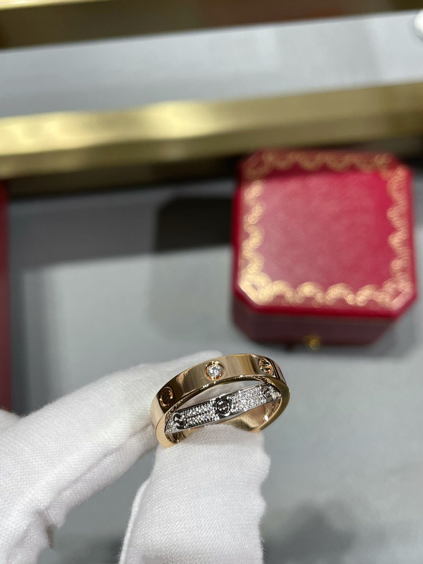 [Luna Brilliance]LOVE PINK GOLD SILVER DIAMOND DOUBLE RING