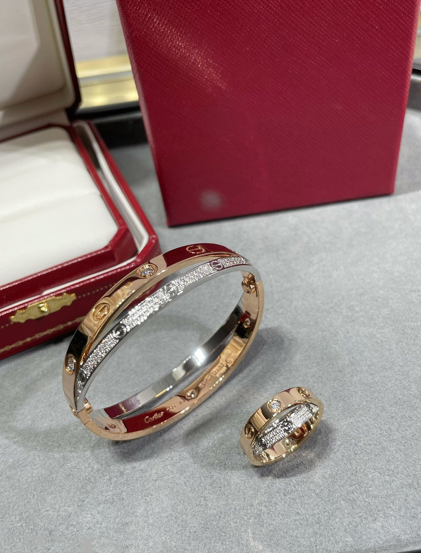 [Luna Brilliance]LOVE PINK GOLD SILVER DIAMOND DOUBLE RING