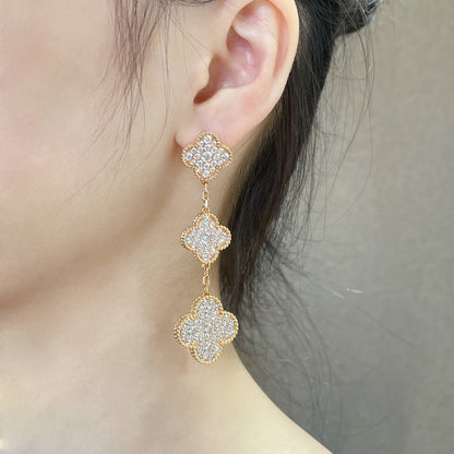 [Luna Brilliance]CLOVER 3 MOTIFS DIAMOND PAVED ROSE GOLD EARRINGS