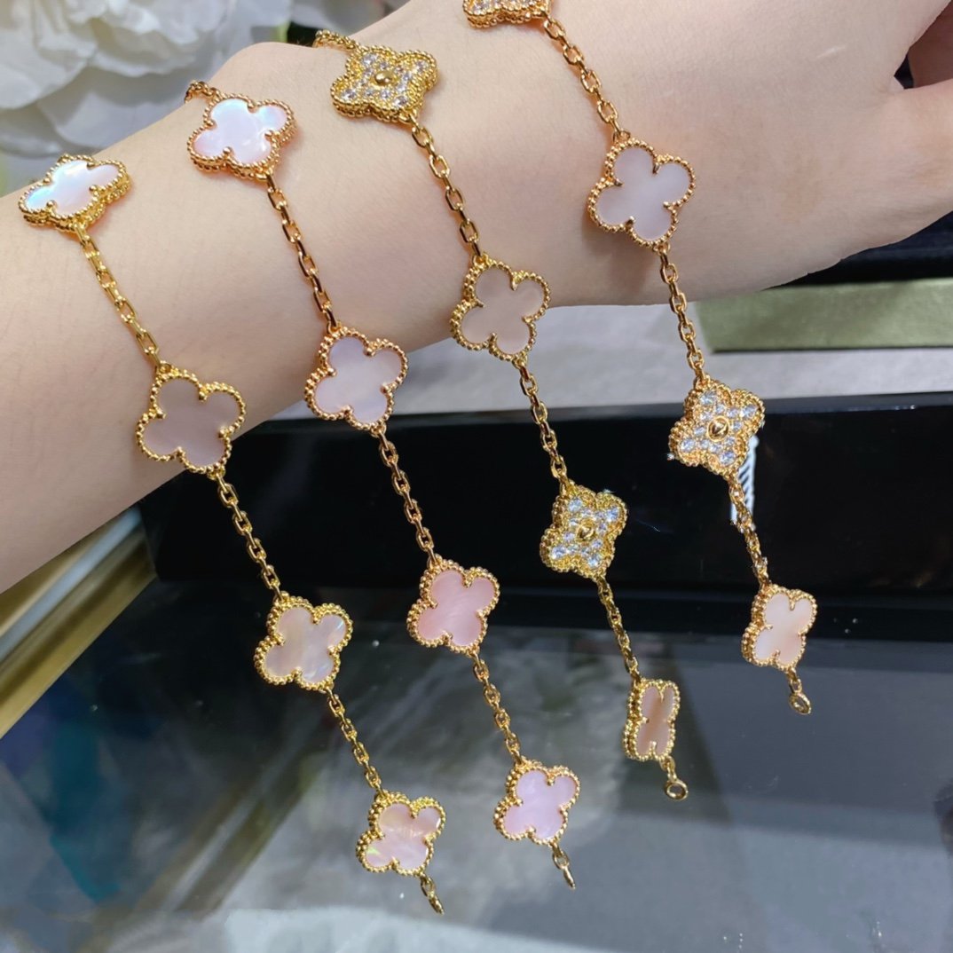 [Luna Brilliance]CLOVER 5 MOTIF DIAMOND PINK MOP PINK GOLD BRACELET