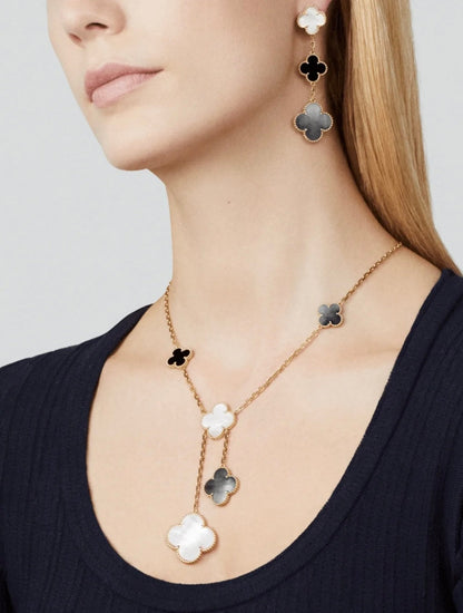 [Luna Brilliance]CLOVER 3 MOTIF MOP ONYX DARK MOP PINK GOLD EARRINGS
