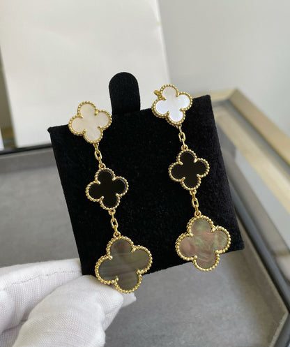 [Luna Brilliance]CLOVER 3 MOTIF MOP ONYX DARK MOP PINK GOLD EARRINGS
