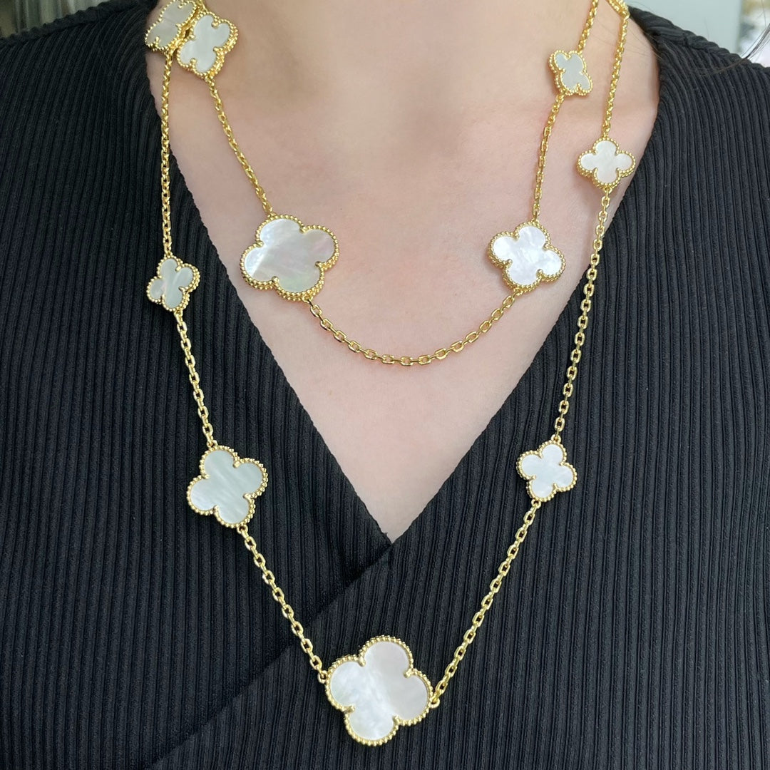 [Luna Brilliance]CLOVER 16 MOTIF WHITE MOP GOLD NECKLACE